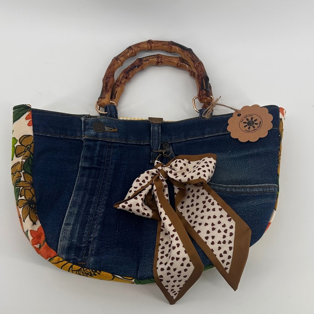 Sol ReVibe Tote Bag Medium Upcycled  Denim Floral Bamboo Handles Scarf Accent